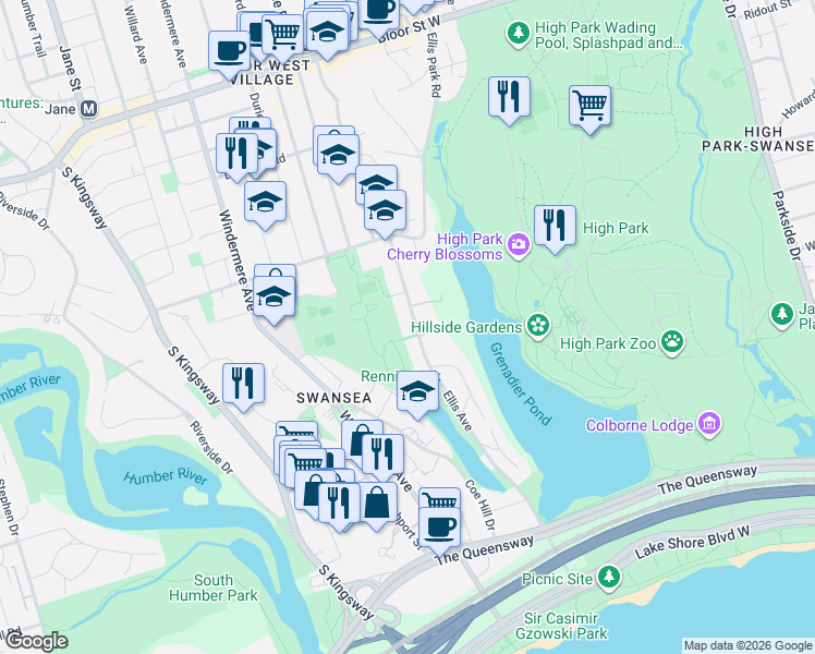 map of restaurants, bars, coffee shops, grocery stores, and more near 215 A Ellis Avenue in Toronto