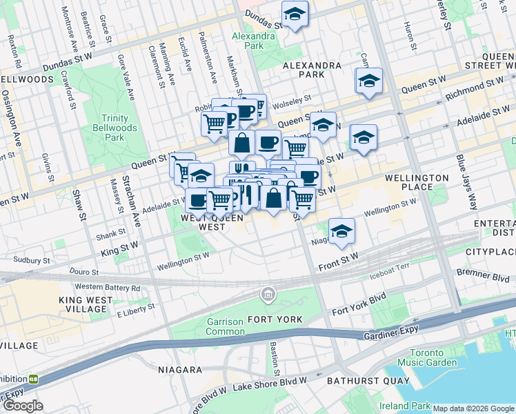 map of restaurants, bars, coffee shops, grocery stores, and more near 744 King Street West in Toronto