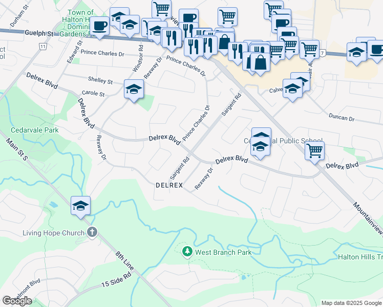 map of restaurants, bars, coffee shops, grocery stores, and more near Delrex Blvd & Sargent Rd in Halton Hills