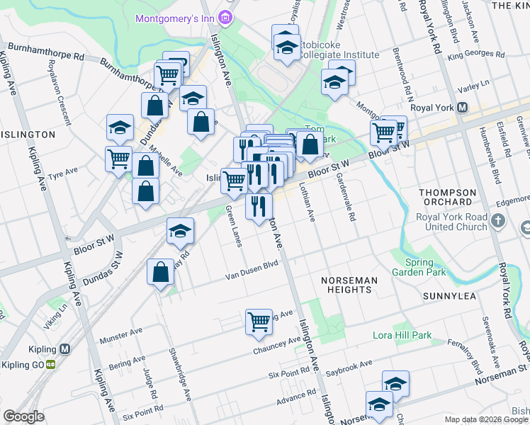 map of restaurants, bars, coffee shops, grocery stores, and more near 1212 Islington Avenue in Toronto