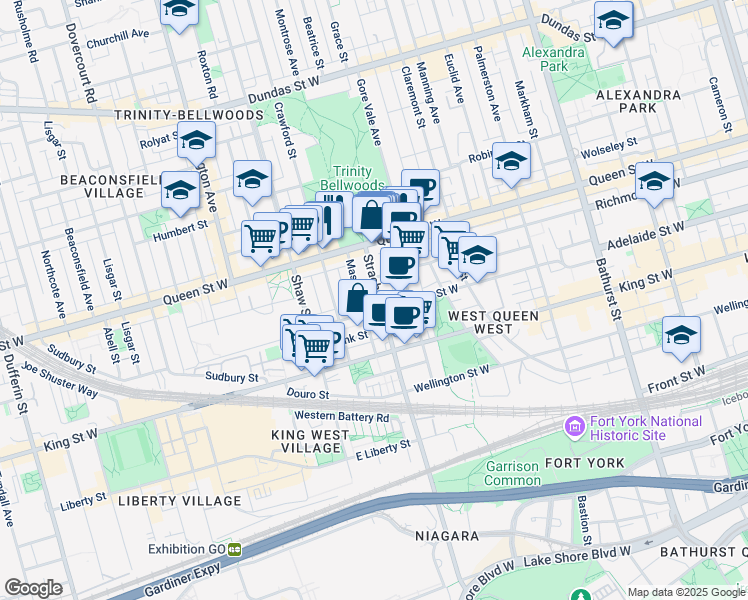 map of restaurants, bars, coffee shops, grocery stores, and more near 144 Strachan Avenue in Toronto