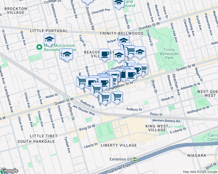 map of restaurants, bars, coffee shops, grocery stores, and more near in Toronto