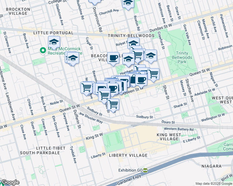 map of restaurants, bars, coffee shops, grocery stores, and more near in Toronto