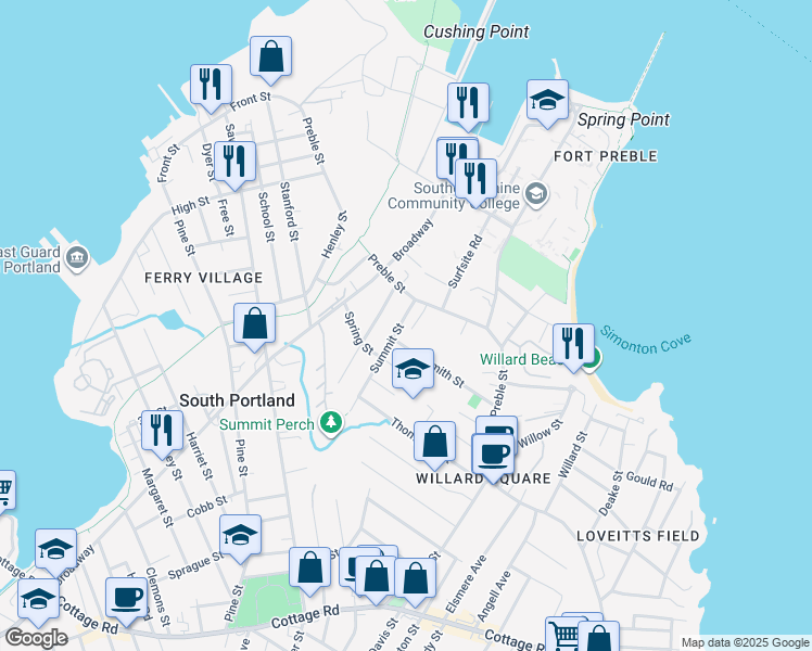 map of restaurants, bars, coffee shops, grocery stores, and more near 13 Summit Street in South Portland