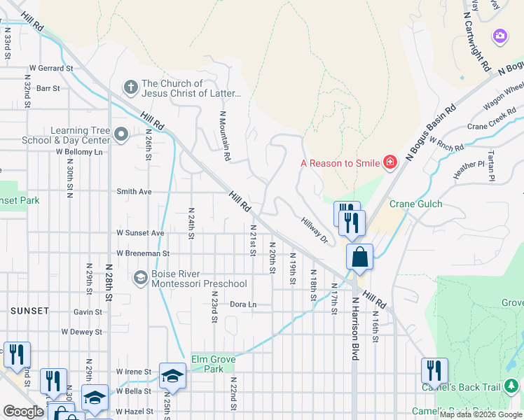 map of restaurants, bars, coffee shops, grocery stores, and more near 2613 Lancaster Drive in Boise