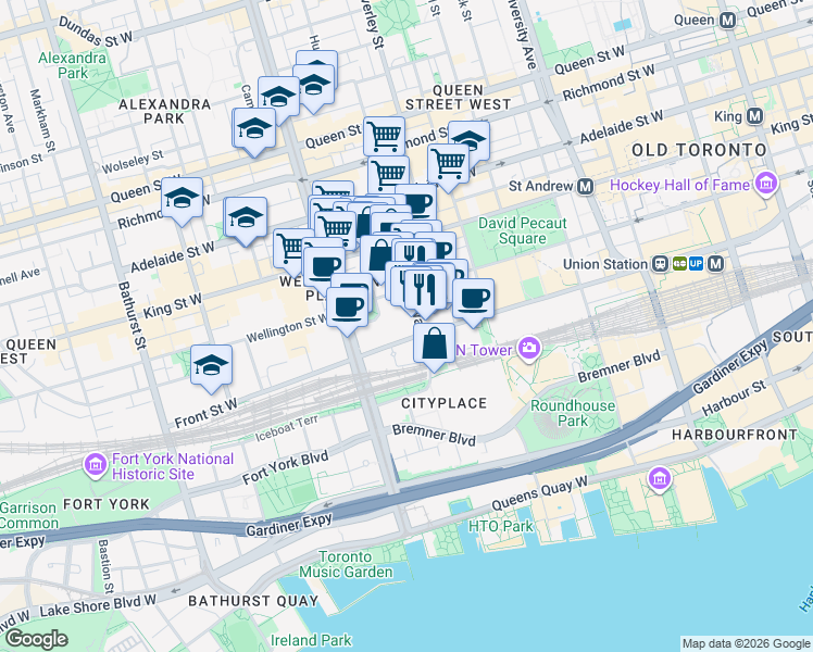 map of restaurants, bars, coffee shops, grocery stores, and more near 340 Front Street West in Toronto