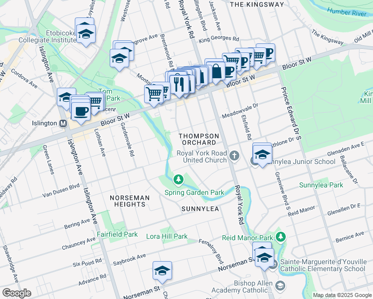 map of restaurants, bars, coffee shops, grocery stores, and more near 40 Van Dusen Boulevard in Toronto