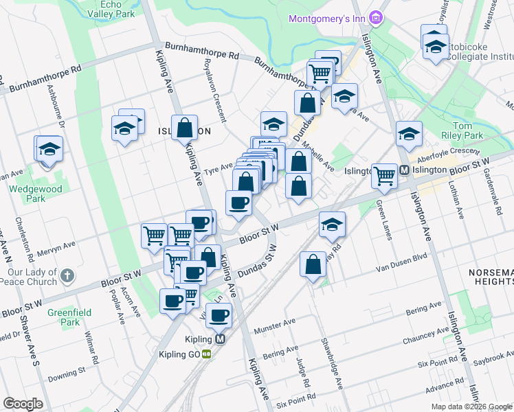 map of restaurants, bars, coffee shops, grocery stores, and more near 5143 Dundas Street West in Toronto
