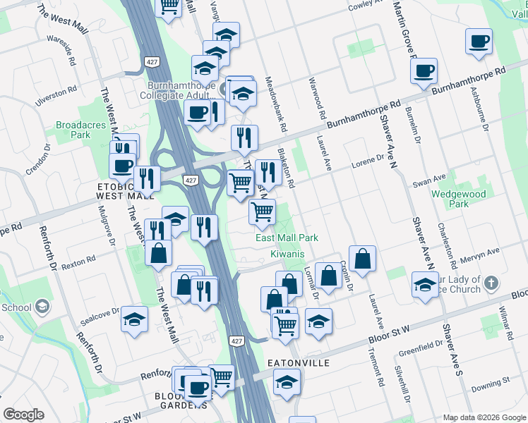 map of restaurants, bars, coffee shops, grocery stores, and more near 366 The East Mall in Toronto