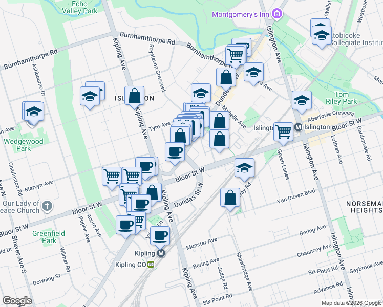 map of restaurants, bars, coffee shops, grocery stores, and more near 5191 Dundas Street West in Toronto