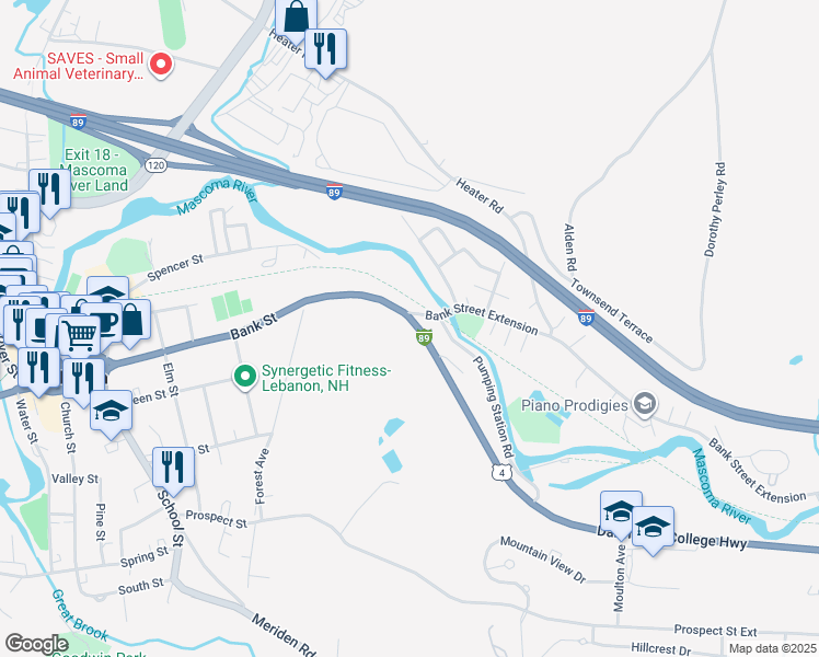 map of restaurants, bars, coffee shops, grocery stores, and more near 134 Dartmouth College Highway in Lebanon