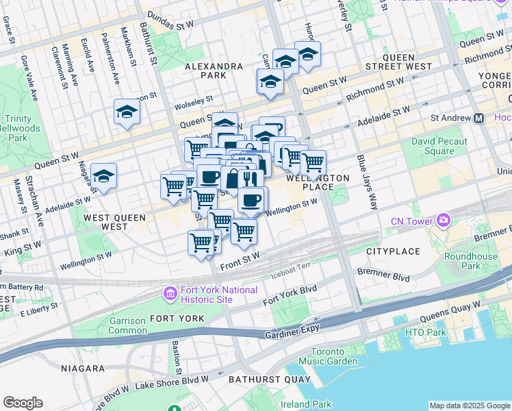 map of restaurants, bars, coffee shops, grocery stores, and more near 500 Wellington Street West in Toronto