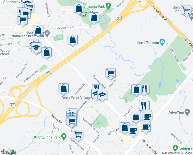 map of restaurants, bars, coffee shops, grocery stores, and more near 7512 Saint Barbara Boulevard in Mississauga