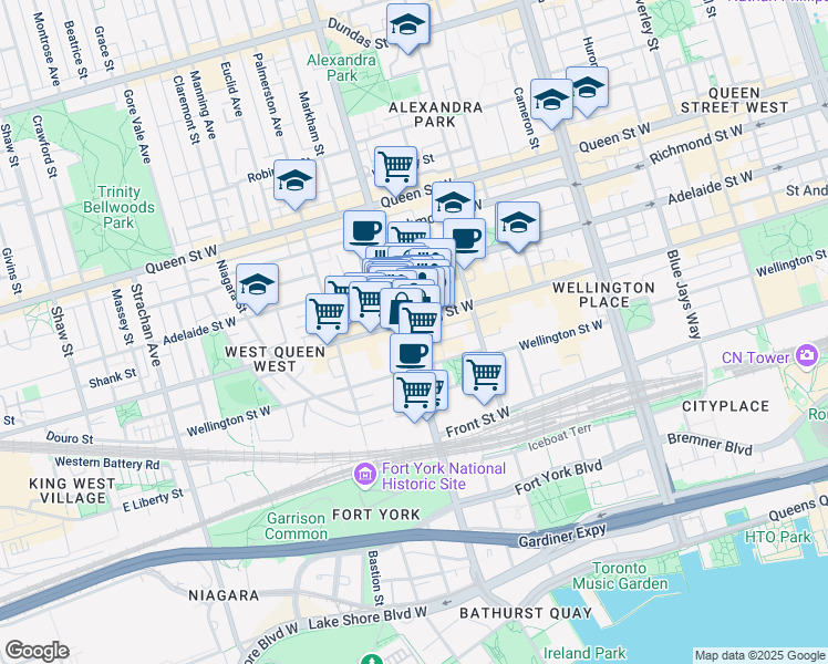 map of restaurants, bars, coffee shops, grocery stores, and more near 663 King Street West in Toronto