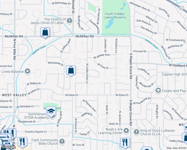 map of restaurants, bars, coffee shops, grocery stores, and more near 9509 Linfield Drive in Boise