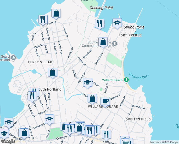 map of restaurants, bars, coffee shops, grocery stores, and more near 217 Preble Street in South Portland