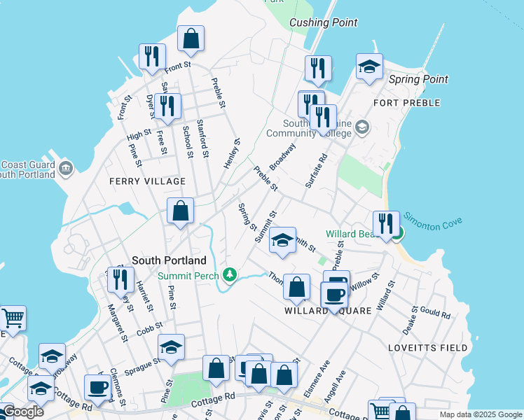 map of restaurants, bars, coffee shops, grocery stores, and more near 13 Summit Street in South Portland