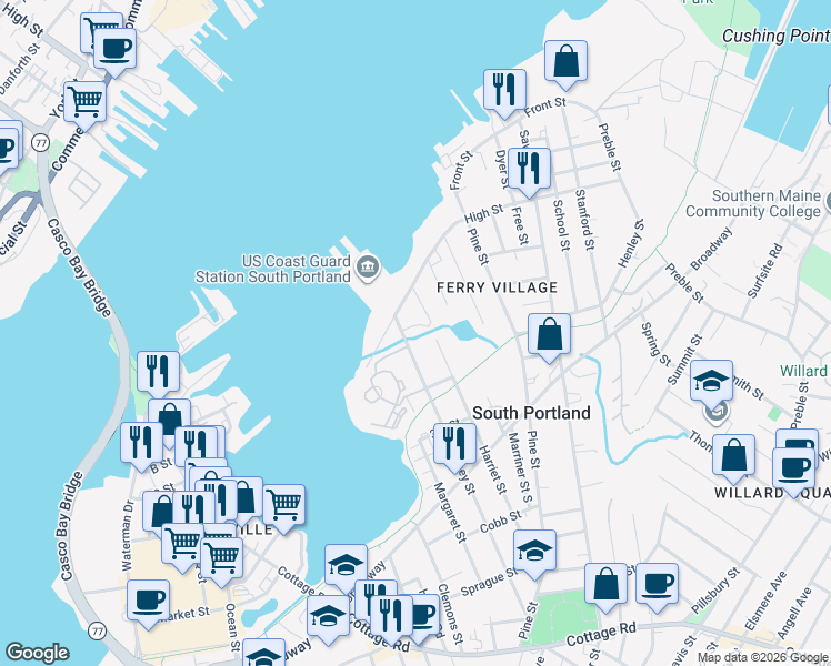 map of restaurants, bars, coffee shops, grocery stores, and more near 51 Harriet Street in South Portland