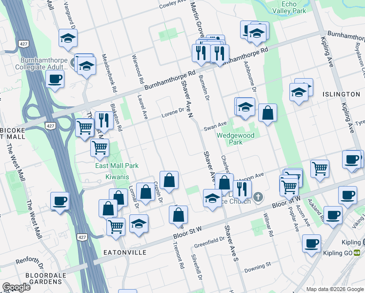 map of restaurants, bars, coffee shops, grocery stores, and more near in Toronto