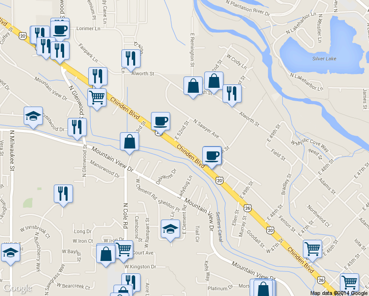 map of restaurants, bars, coffee shops, grocery stores, and more near 5198 W Chinden Blvd in Boise
