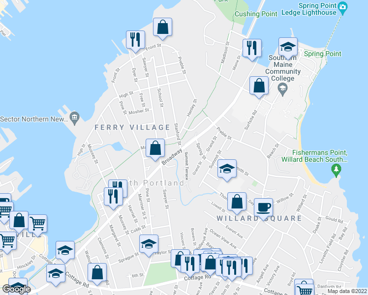 map of restaurants, bars, coffee shops, grocery stores, and more near Broadway & Summit Terrace in South Portland