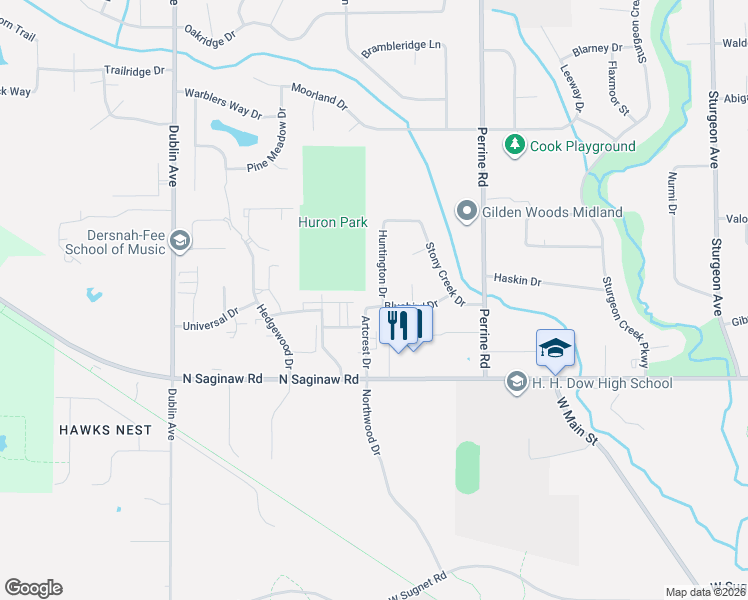 map of restaurants, bars, coffee shops, grocery stores, and more near 5105 Huntington Drive in Midland