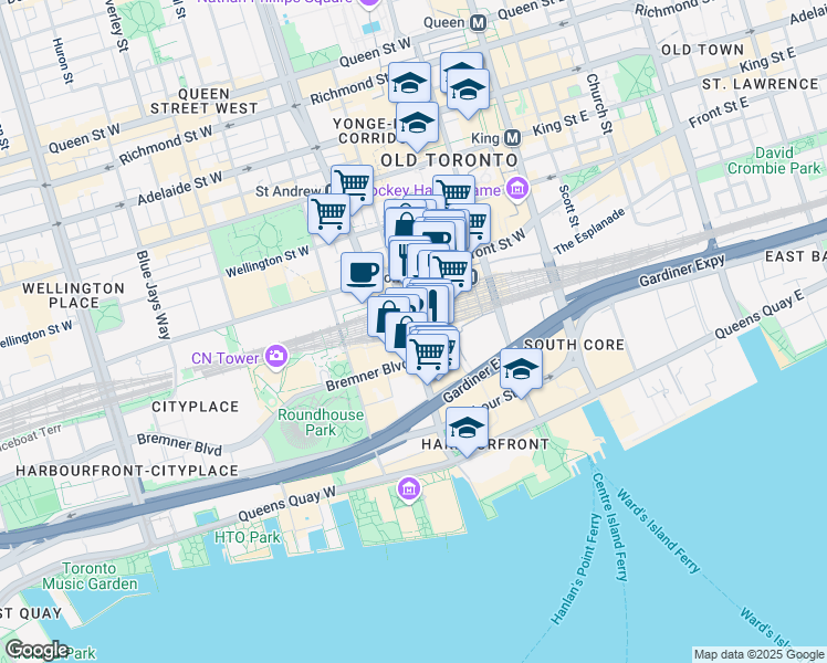 map of restaurants, bars, coffee shops, grocery stores, and more near 27 York Street in Toronto
