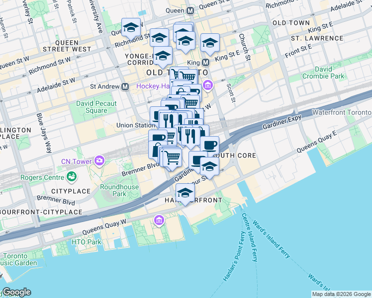 map of restaurants, bars, coffee shops, grocery stores, and more near 50 Bay Street in Toronto