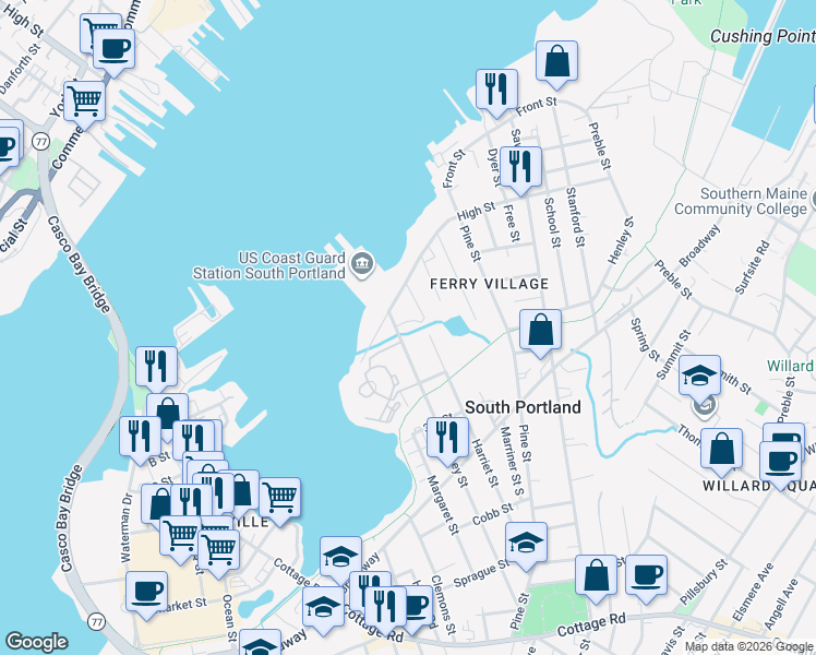 map of restaurants, bars, coffee shops, grocery stores, and more near 51 Harriet Street in South Portland