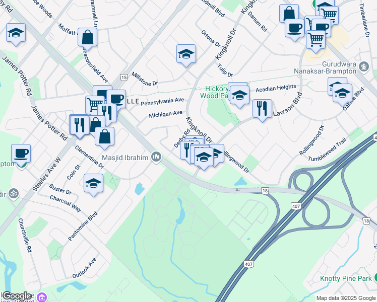 map of restaurants, bars, coffee shops, grocery stores, and more near Blue Bonnet Drive in Brampton
