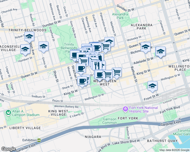 map of restaurants, bars, coffee shops, grocery stores, and more near 779 Adelaide Street West in Toronto