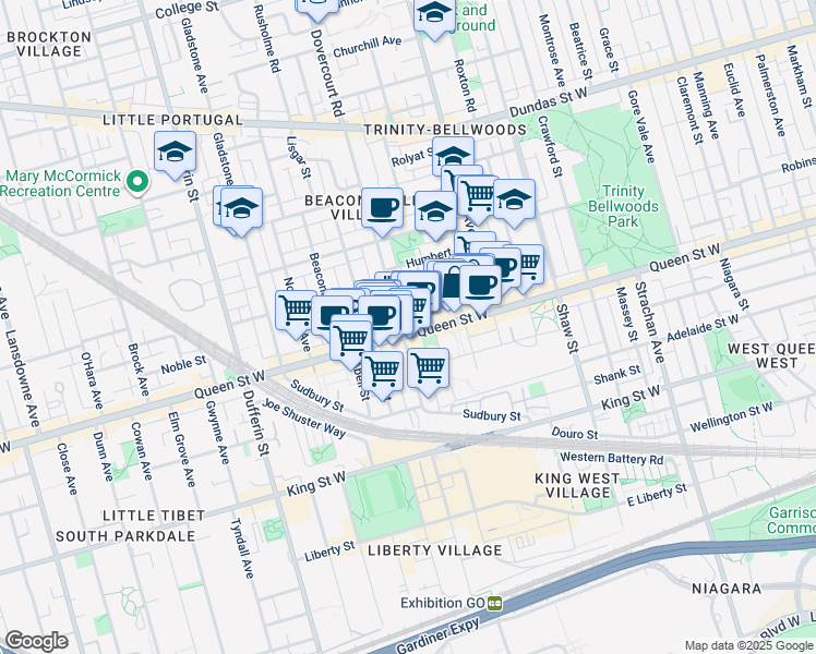 map of restaurants, bars, coffee shops, grocery stores, and more near in Toronto