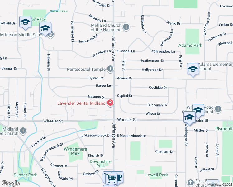 map of restaurants, bars, coffee shops, grocery stores, and more near 101 Capitol Drive in Midland