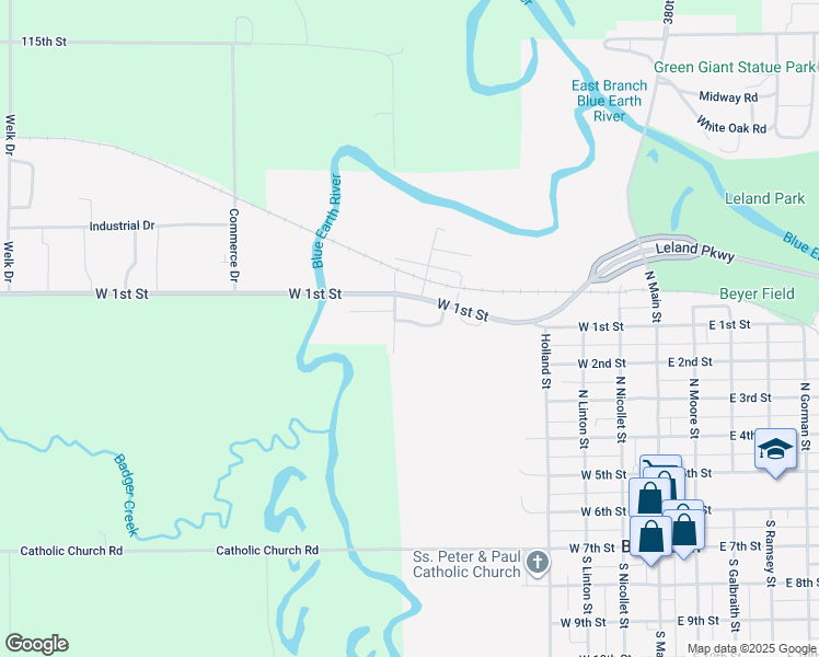 map of restaurants, bars, coffee shops, grocery stores, and more near 528 North Grant Street in Blue Earth