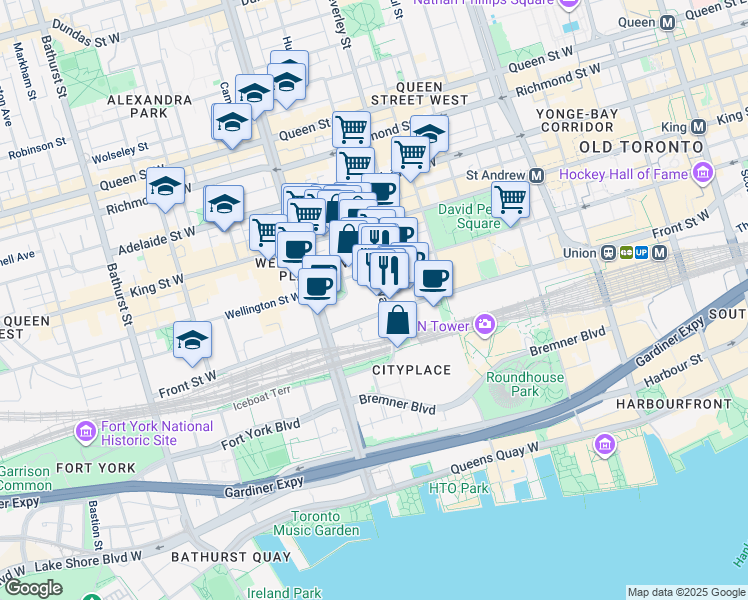 map of restaurants, bars, coffee shops, grocery stores, and more near 20 Blue Jays Way in Toronto