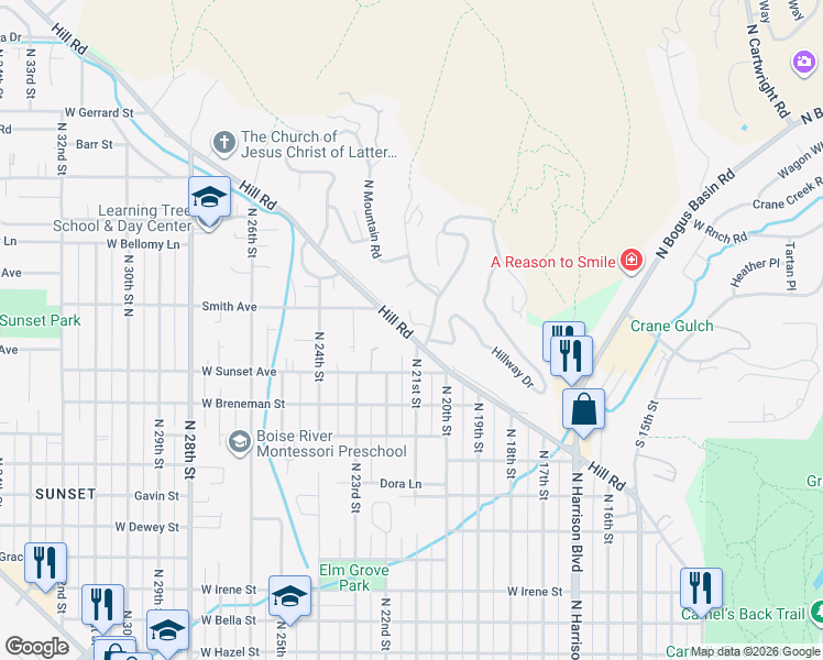 map of restaurants, bars, coffee shops, grocery stores, and more near 2613 Lancaster Drive in Boise