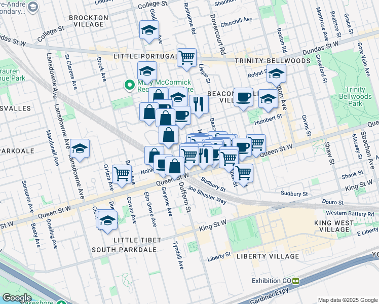 map of restaurants, bars, coffee shops, grocery stores, and more near in Toronto