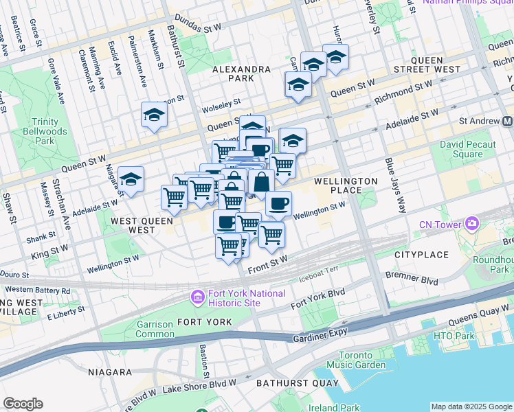 map of restaurants, bars, coffee shops, grocery stores, and more near 20 Stewart Street in Toronto