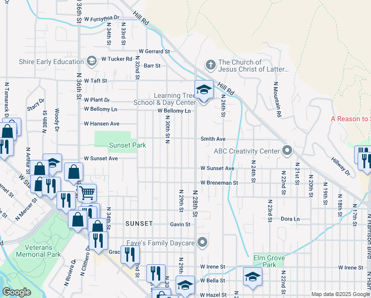 map of restaurants, bars, coffee shops, grocery stores, and more near 2610 North 29th Street in Boise