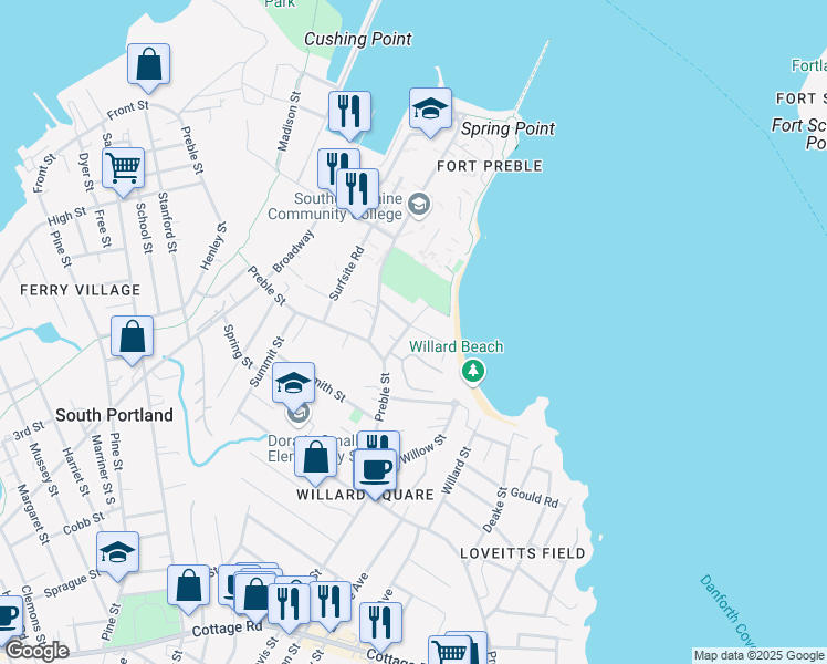 map of restaurants, bars, coffee shops, grocery stores, and more near 57 Beach Street in South Portland