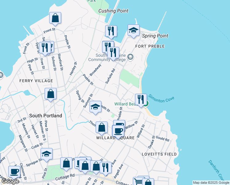 map of restaurants, bars, coffee shops, grocery stores, and more near 248 Preble Street in South Portland