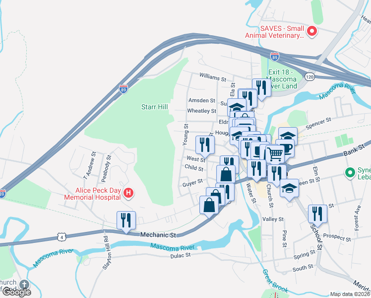 map of restaurants, bars, coffee shops, grocery stores, and more near 58 Young Street in Lebanon