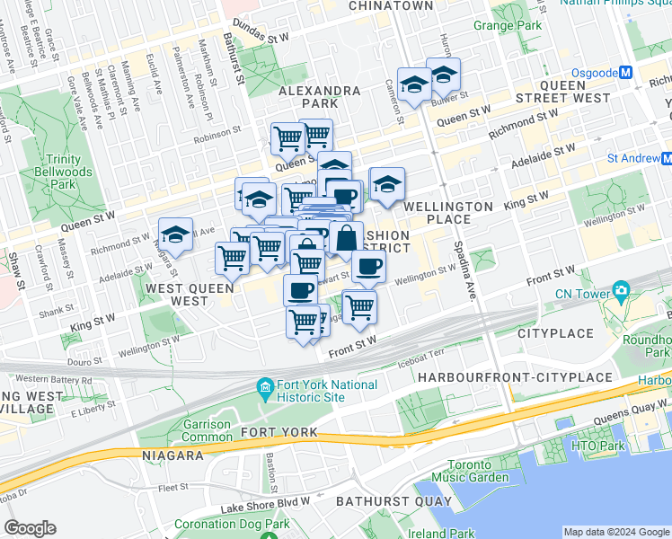 map of restaurants, bars, coffee shops, grocery stores, and more near in Toronto