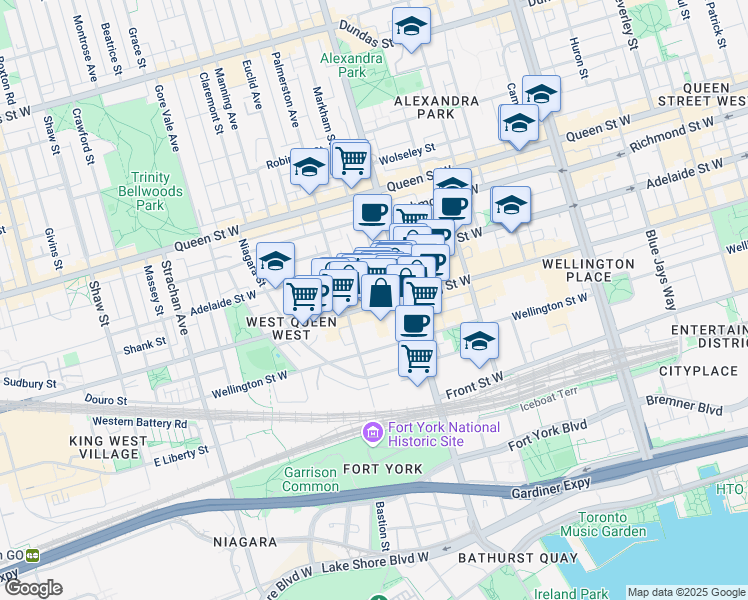 map of restaurants, bars, coffee shops, grocery stores, and more near 700 King Street West in Toronto