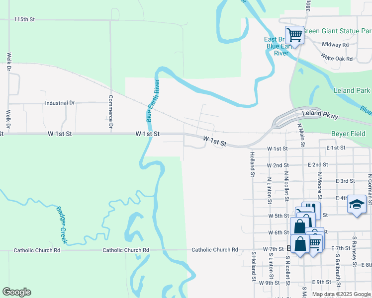 map of restaurants, bars, coffee shops, grocery stores, and more near 528 North Grant Street in Blue Earth