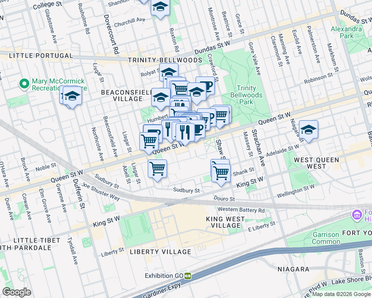 map of restaurants, bars, coffee shops, grocery stores, and more near 100 Lower Ossington Avenue in Toronto