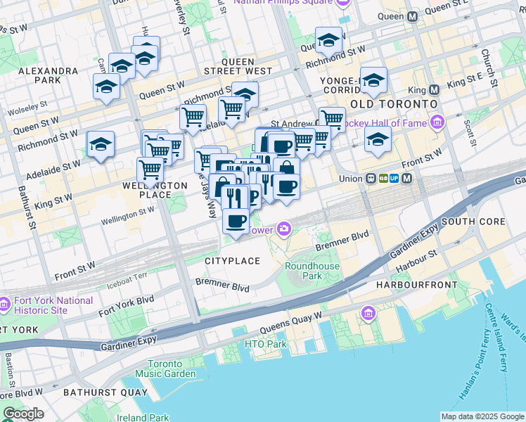 map of restaurants, bars, coffee shops, grocery stores, and more near 277 Front Street West in Toronto