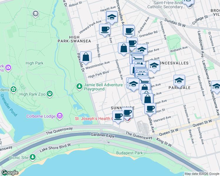 map of restaurants, bars, coffee shops, grocery stores, and more near in Toronto