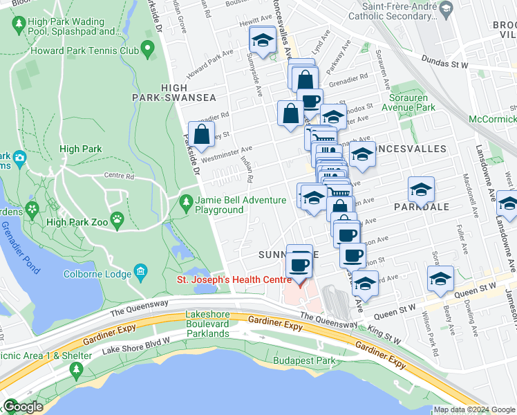 map of restaurants, bars, coffee shops, grocery stores, and more near 129 Indian Road in Toronto