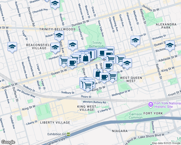 map of restaurants, bars, coffee shops, grocery stores, and more near 78 Crawford Street in Toronto
